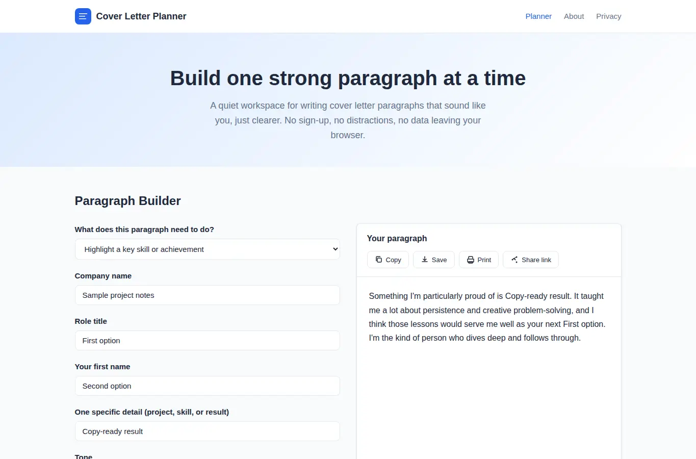 Screenshot of Cover Letter Paragraph Planner interface showing the project page in use